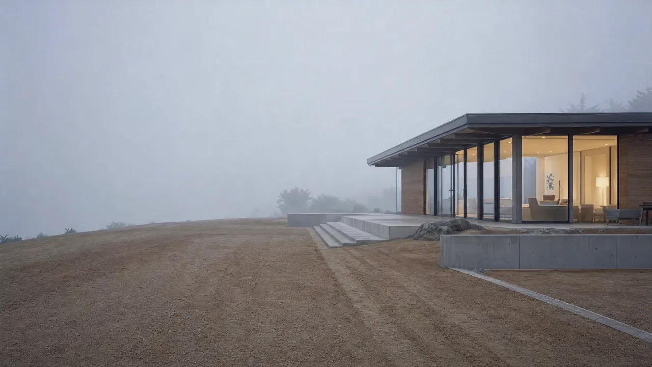 Fog-line arrival: the coastal site before planting, seen through Marin fog.