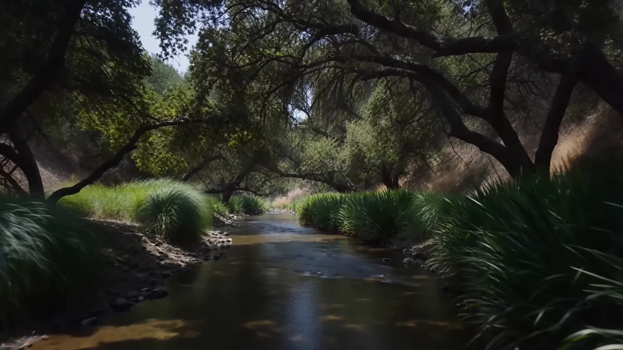 Lagunitas Creek: sedge banks under oak shade, water running below the riffle.