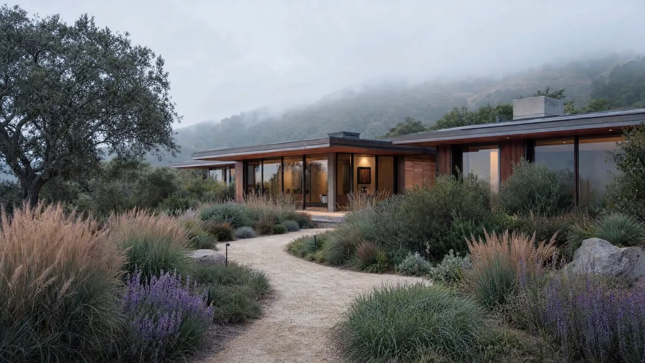 The built garden: deergrass and toyon at the door, manzanita off the terrace, the fog line beyond.